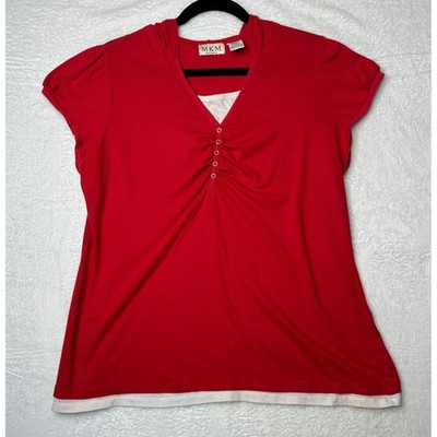 MKM Designs Y2K Hooded Top Womens 1X Red Layered Trim V-Neck Puff Sleeve