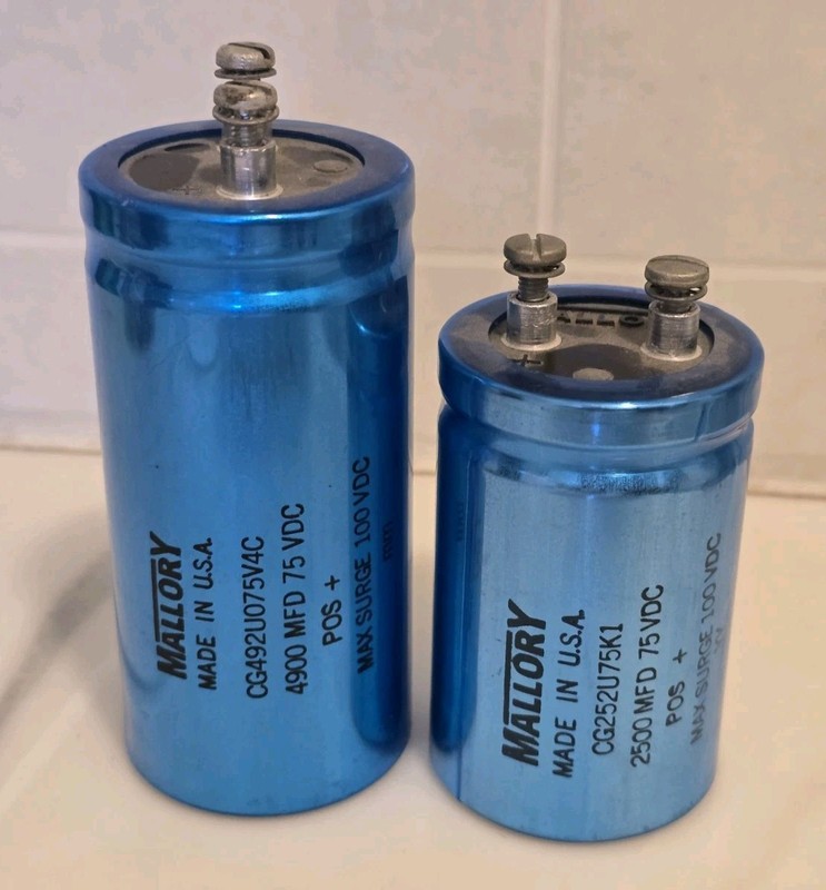 Lot of 2 Mallory Electrolytic Aluminum Capacitors 2500MFD 75VDC & 4900MFD Used