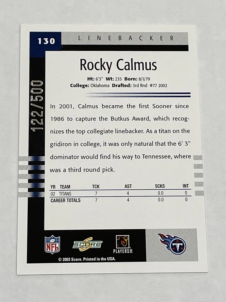 2003 Score Football Scorecard #/500 - Rocky Calmus - Tennessee Titans - Image 2 of 2