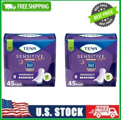 2 PACK TENA Sensitive Care Extra Coverage Overnight Incontinence Pads, 45 Count