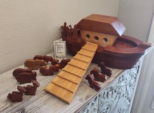 Pap's Wooden Toys Handmade Heavy Solid Cherry Maple Teak Wood Noahs Ark 15PC Set