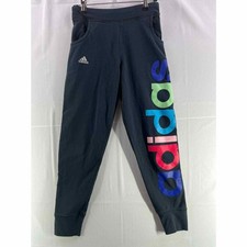 Adidas Girl Jogger Tights Sz L Black Elastic Waist Pockets Graphic Athletic Logo