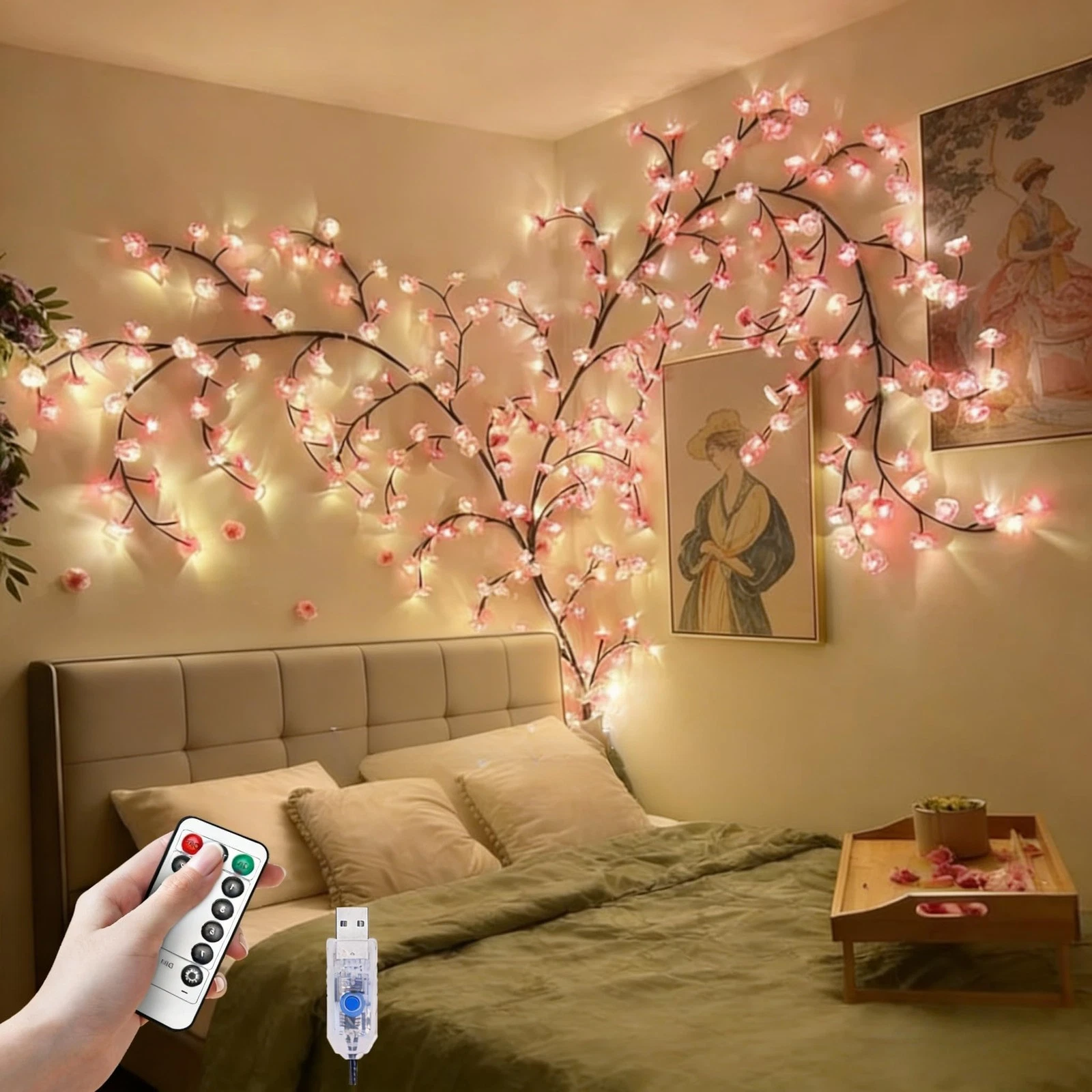 Cherry Blossom Lights for Bedroom Wall Decor, 4FT 48 LED DIY Cherry Blossom D...