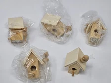 Lot 5 VTG Zims Unfinished Wood Miniature Birdhouse with Bird for Crafts Painting