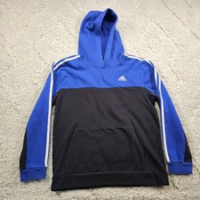 Adidas Youth Fleece Hoodie Sweatshirt 2 Stripes Black / Blue Split Logo Size XL