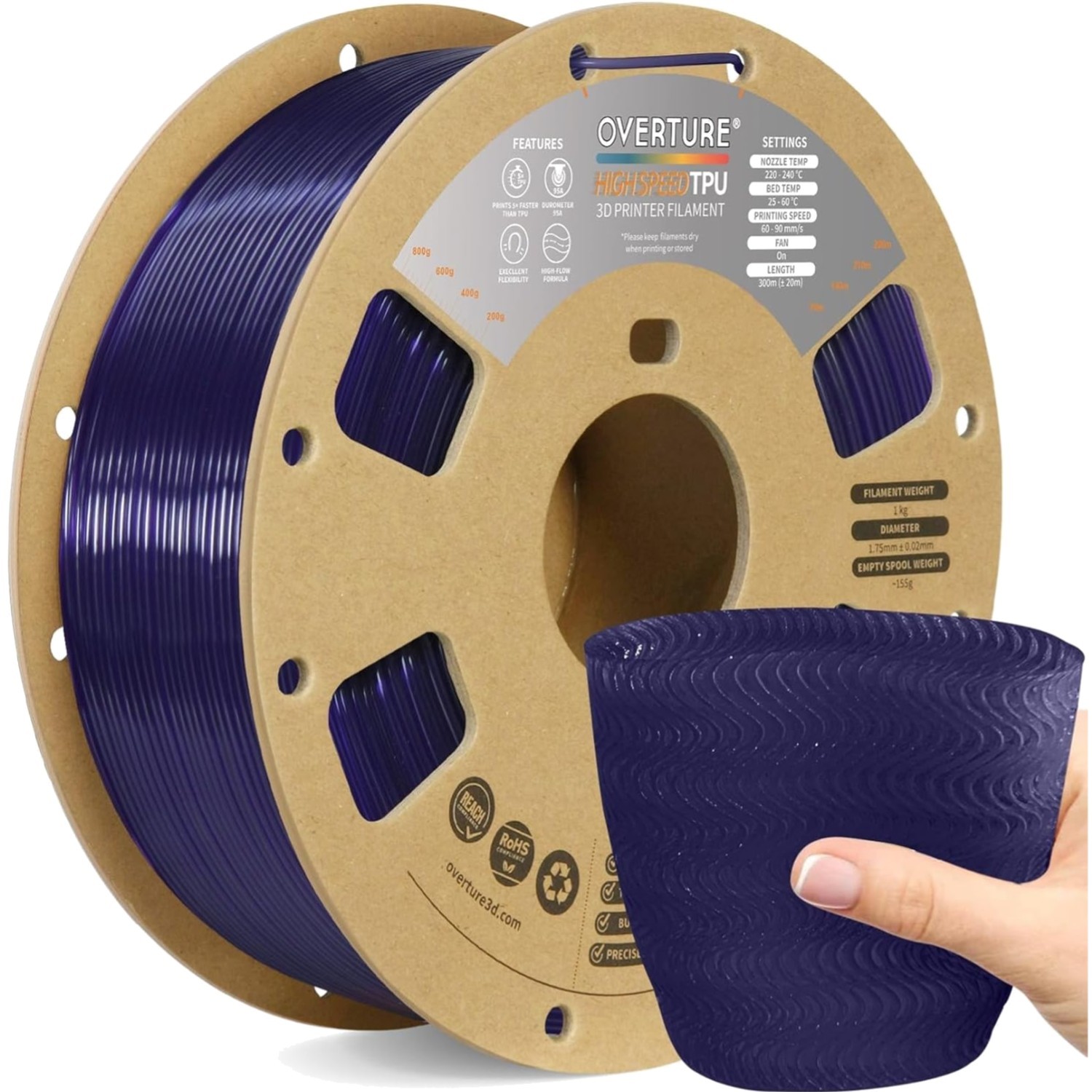 TPU Filament 1 kg in HS Transparent Lila - Hohe Geschwindigkeit für 3D-Drucker