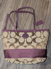 Coach Plum Khaki Signature Stripe Zip Tote Bag Handbag Purse F15112 Double Strap