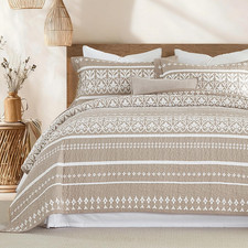 100 Cotton Boho Queen Quilt Set - Taupe and White Quilts Boho Bedding Set - Boh