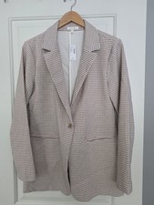 Maurices NWT Single Button Blazer Womens Small Tan With Pink Brown Check Lomg...