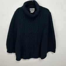 Aran Crafts Merino Wool Cable Knit Blue Poncho Turtleneck Chunky Fisherman Sz XL