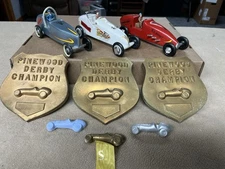 WOW! (3) PINEWOOD DERBY HOT ROD CARS W/ PLAQUES & PINS ~ SUPERB BUILD & PAINT