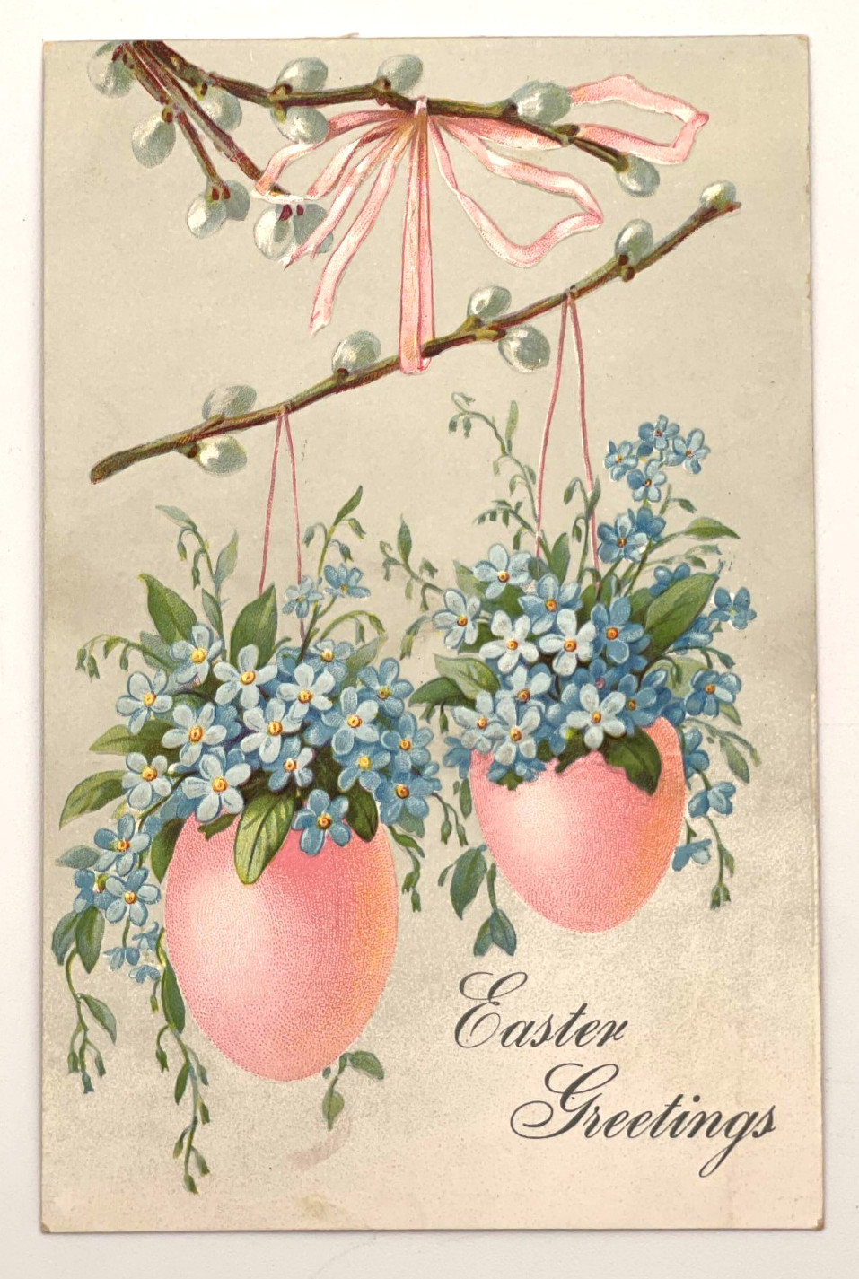 Embossed Easter Postcard Pink Eggs Pussy Willow Germany 1907