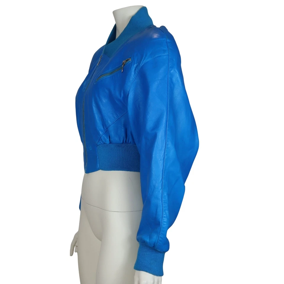 Chaqueta Bomber De Colección Michael Hoban Cuero Eléctrica Azul Años 80 Para Mujer Pequeña Foto 4 de 4