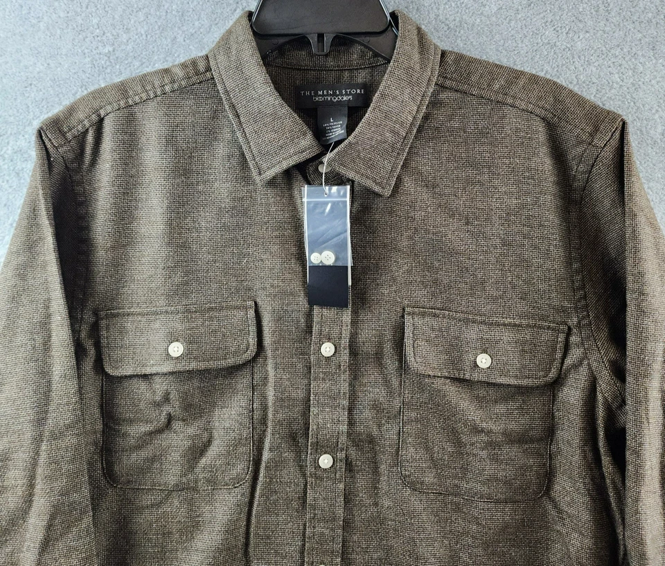 The Men's Store at Bloomingdale's Brushed Button Up Shirt L Brown Flap Pockets - Image 3 of 4
