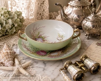 Antique T&V Limoges France Hand Painted Seashell Bouillon Bowl & Plate
