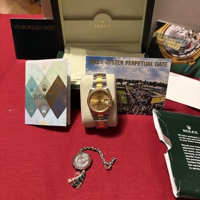 Rolex Oyster Perpetual Date 18K/Stainless Steel Watch 15223 34mm 2008 Box & Pape