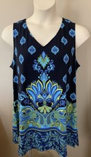 Susan Graver BORDER PRINTED Liquid Knit TOP XL Sleeveless V-NECK Shirt