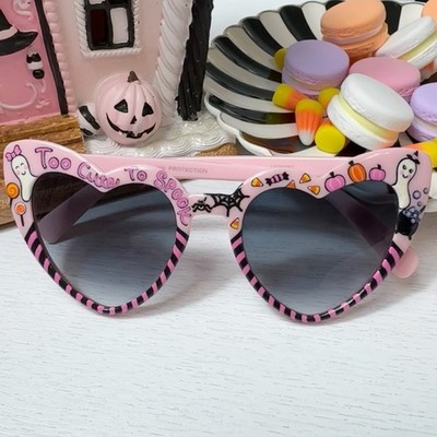 Pink Halloween Heart Sunglasses, Hand Painted Ghost, Candy Corn, Spider, Pumpkin