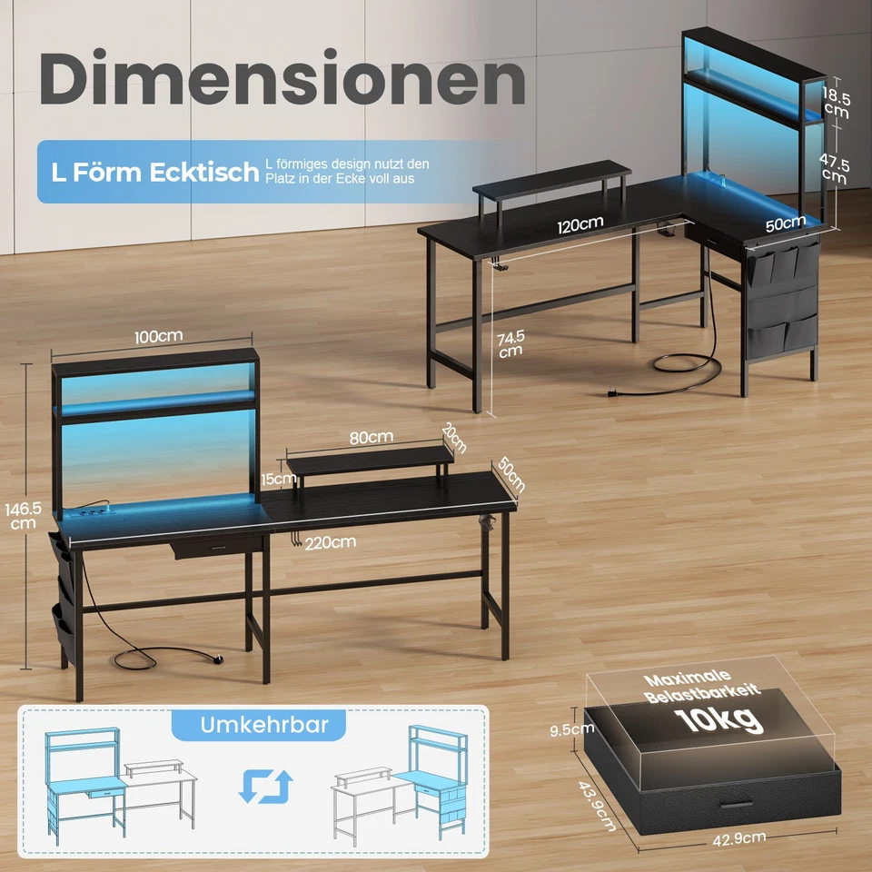 Gaming Tisch L Form mit Schubladen & LED, Echreibtisch mit Steckdosen & Regal - Bild 4 von 4