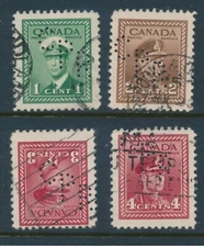 CANADA, 1942 1c,2c,3c,4c c Perfin  CPR  (Canadian Pacific Railway (2))