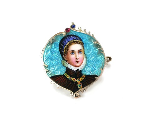 pretty old brooch - "noble lady" - translucent enamel - circa 1900 - 800 silver - Picture 6 of 8