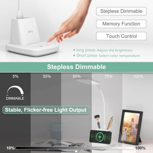 Wireless Charging LED Desk Lamp - 3 Color Modes, Stepless Dimming, Pen Holder - Picture 6 of 10