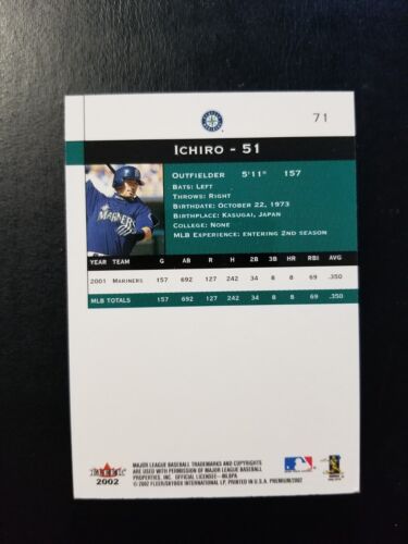 ICHIRO 2002 FLEER PREMIUM BASEBALL CARD #71 SEATTLE MARINERS - Picture 2 of 2