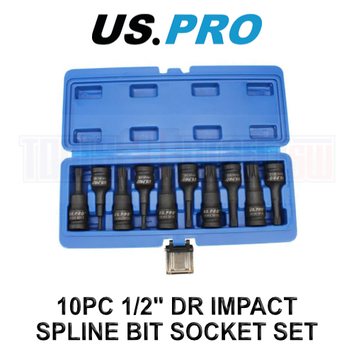 US PRO Tools 10 Piece 1/2" Dr Impact Spline Bit Socket Set M5 - M18 3639 - Afbeelding 1 van 4