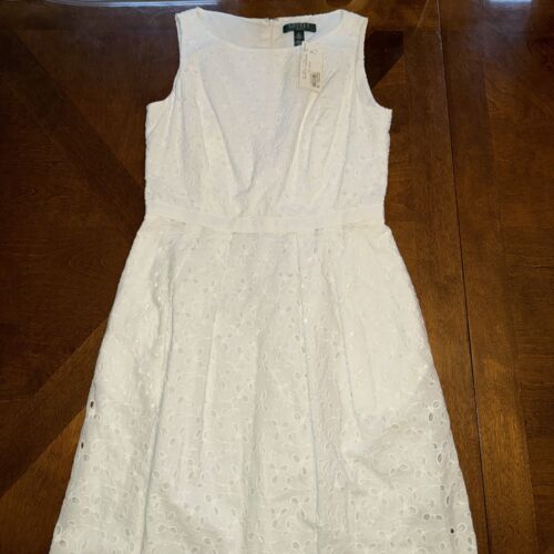 NWT Lauren Ralph Lauren White Eyelet Lace Dress Women 4 Cotton Lined Sleeveless