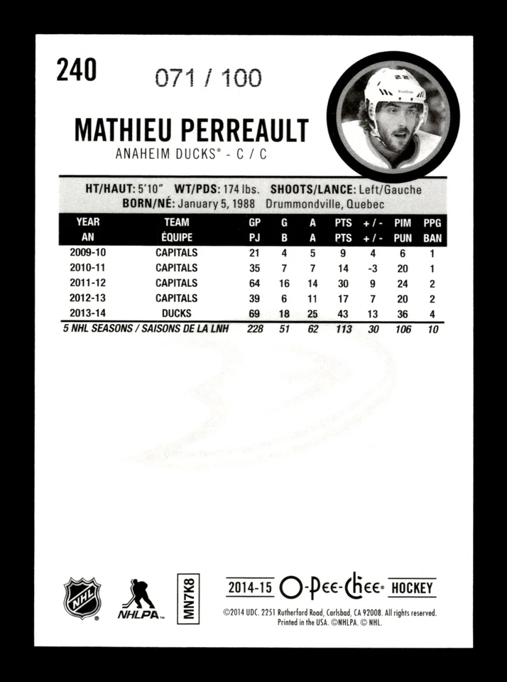 3-11-18 PWE READ . 2014-15 opc o-pee-chee black /100 #240 mathieu perreault - Image 2 of 2