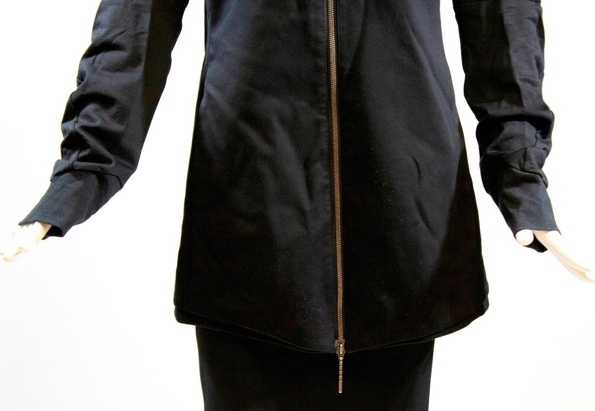 DEVOA Japan Black Gray Print Hooded Silver Tone Front Zip Coat