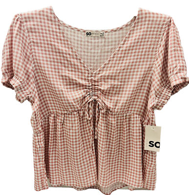 SO Junior /Womens Top Short Sleeve Front Cinch Checkered Relaxed Fit Pink Size M