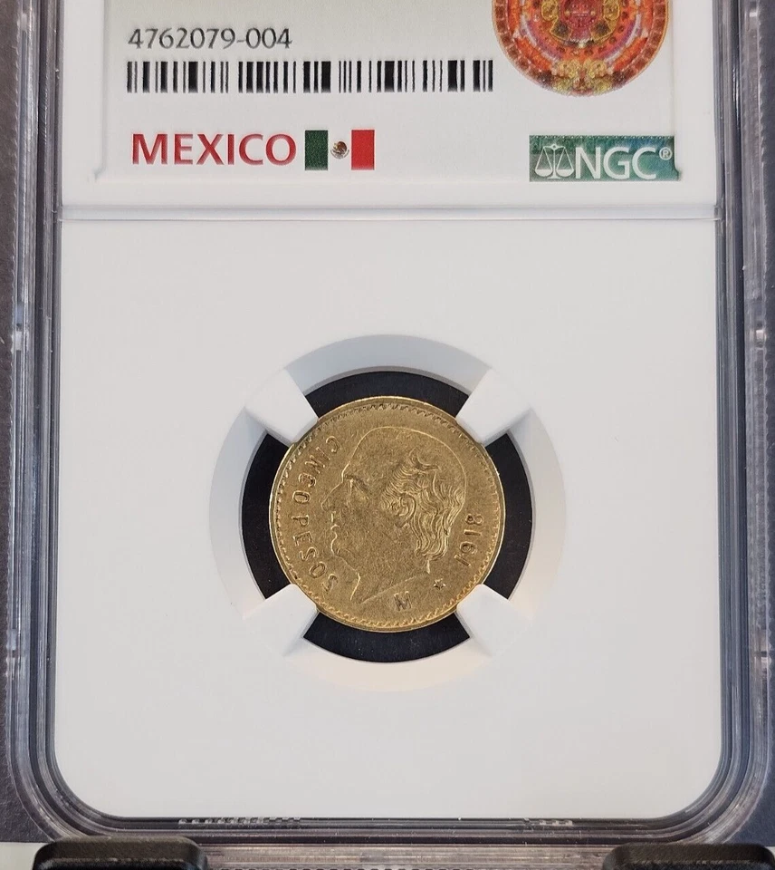 1918 MEXICO GOLD 5 PESOS G5P HIDALGO NGC AU 53 SCARCE BETTER DATE BEAUTY - Image 3 of 3
