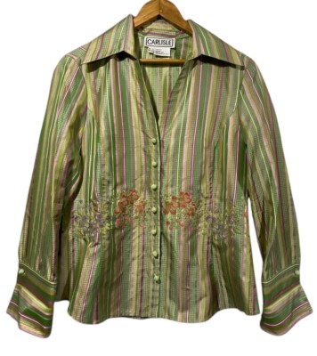 Carlisle Vtg Floral Embroidered Silk Blouse Button Up Green Striped Sz 8 Easter