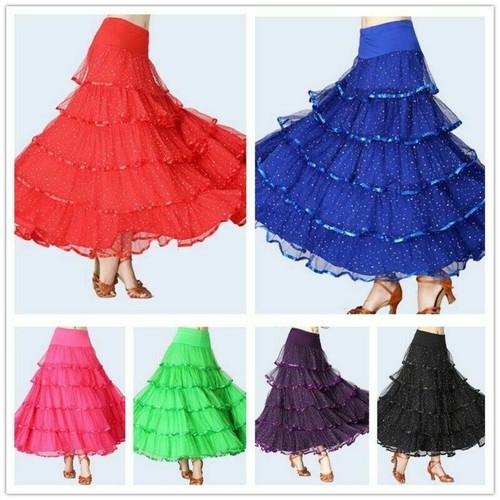 Femme Salle de Bal Jupe Moderne Danse Robe Tutu Sequin Valse Tango Latin - Photo 2/17