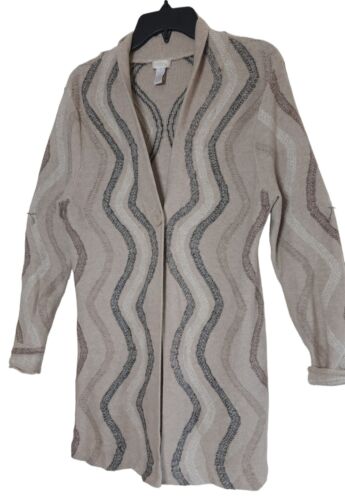 Chicos 1 Cotton Wool Long Cardigan MEDIUM Removable Faux Fur Collar Tan Blue Whi - Picture 3 of 13