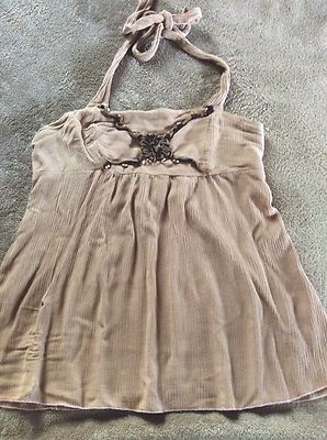 INDOMARIO ETNIC HALTER TOP W IVORY WOOD BEADS SZ S/M BEIGE