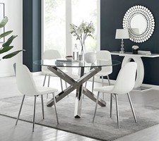 VOGUE Large Round Glass and Chrome Dining Table & 4 Corona Faux Chairs