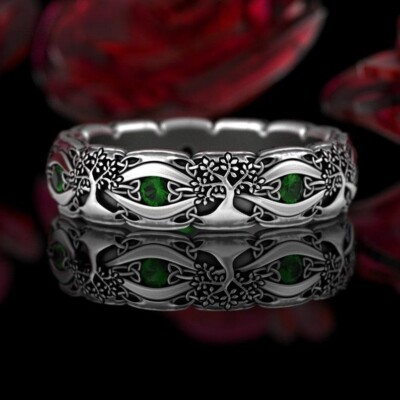 Celtic Tree of Life Silver Ring with Green Gemstones - Unique Vintage Jewelry