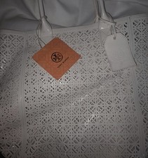 Tory Burch White Patent Cut Out Geometric Tote with Brand Card Luggage Tag