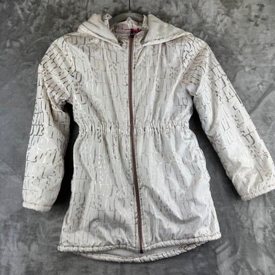 Penelope Mack Puffer Coat Girls Size 8 White Silver Metallic Love Hooded (1652)