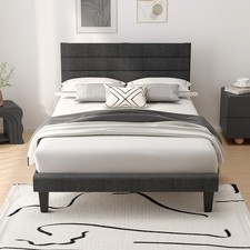 Single Fabric Bed Frame Wooden Platform and Adjustable Upholstered Headboard UK