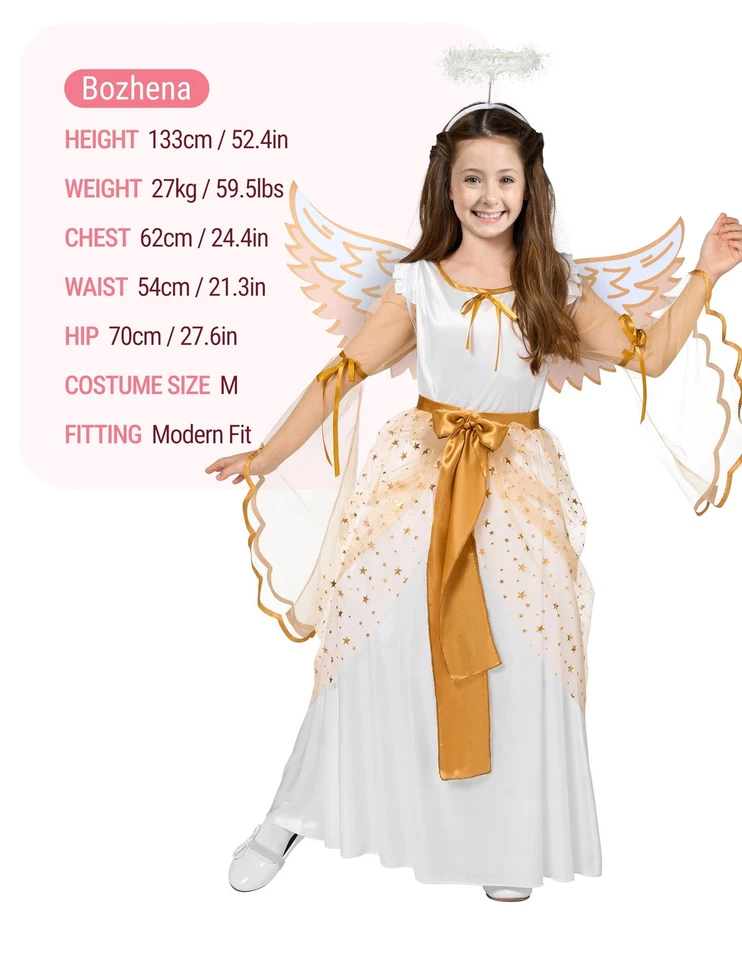 Disfraz de ángel de Halloween para niña - Vestido blanco dorado para fiestas infantiles Foto 4 de 4
