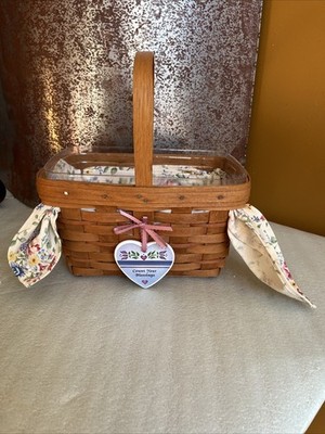 1988 Longaberger Rectangle Basket w/ Handle Floral Liner Protector Blessings Tie