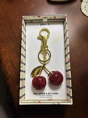 New Hard to Find Large Piper K Rhinestone Cherry Keychain Purse Charm Gold Red
