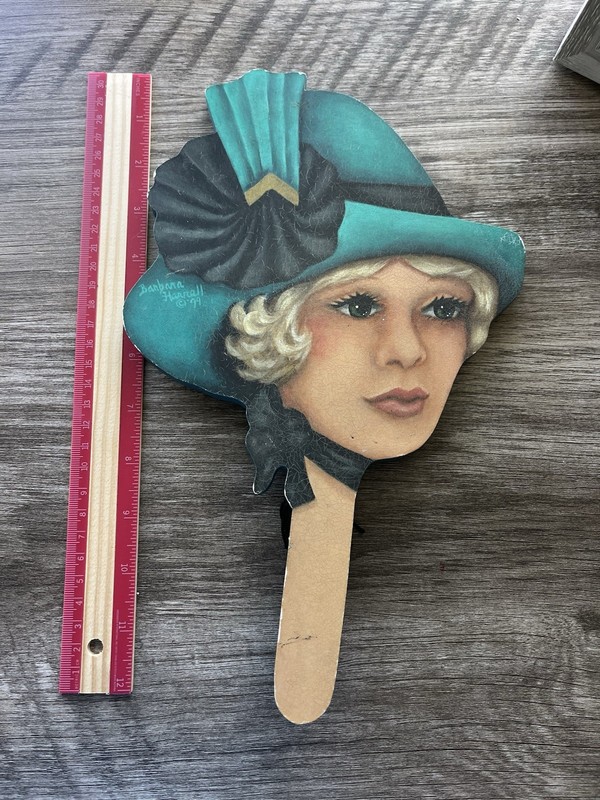Barbara Harrell 99 Solid wood Mirror with handle .pretty blonde with hat.Deco
