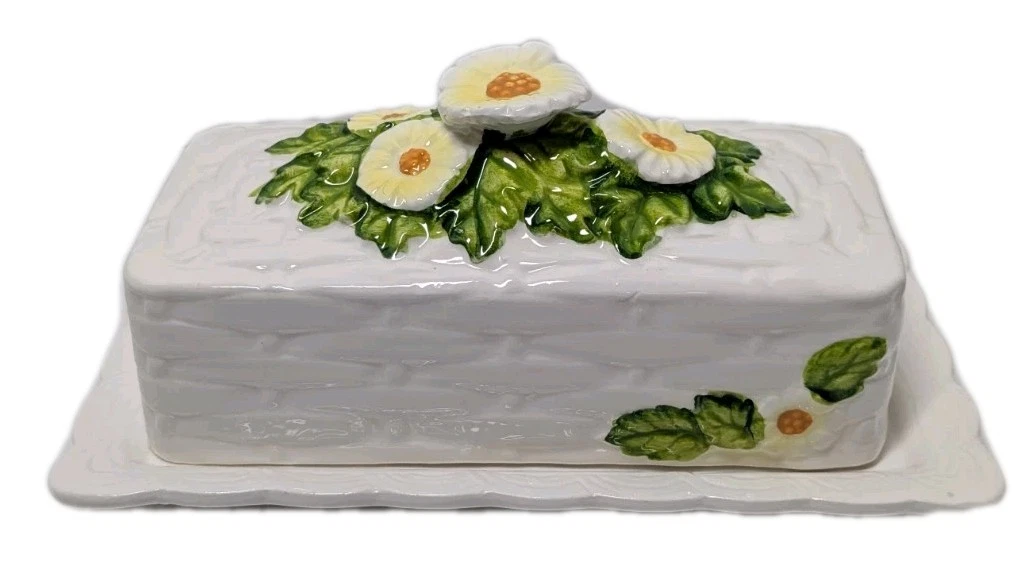 Vintage Lefton Covered Ceramic Butter Dish 4466 Yellow Flowers White Green