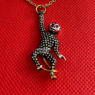 Stunning 1.75ctw Rose Cut Diamond Ruby Victorian Silver Monkey Pendant Jewelry