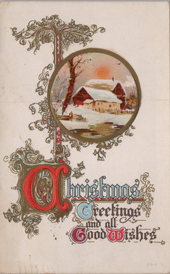 1917 Christmas Greetings and all Good Wishes goldtone embossed art Postcard Troy