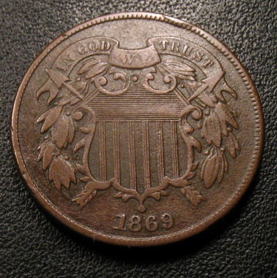 OLD US COINS 1869 OBSOLETE HIGHGRADE TWO CENT 2 C COIN